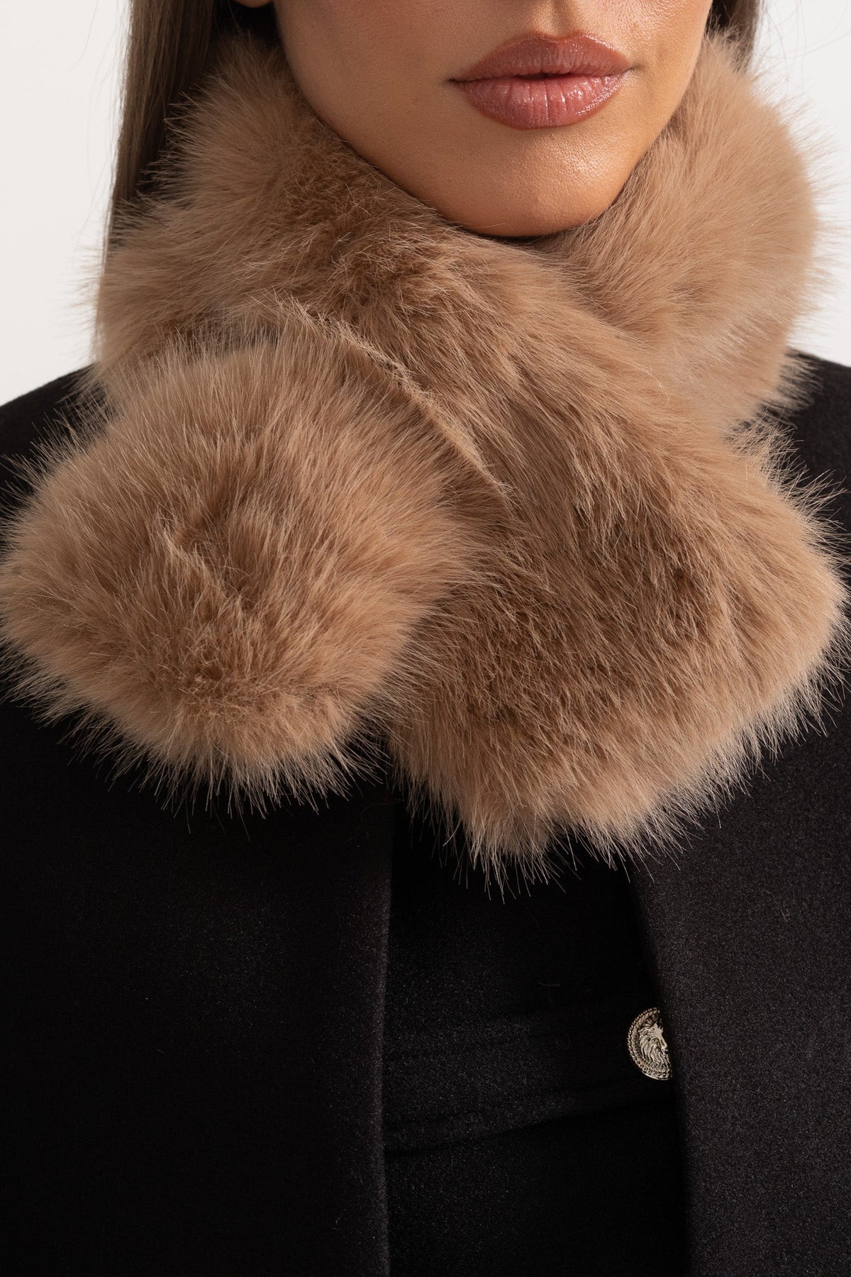 Double-Breasted Coat with Detachable Cape and Furry Trim – Black – view 6