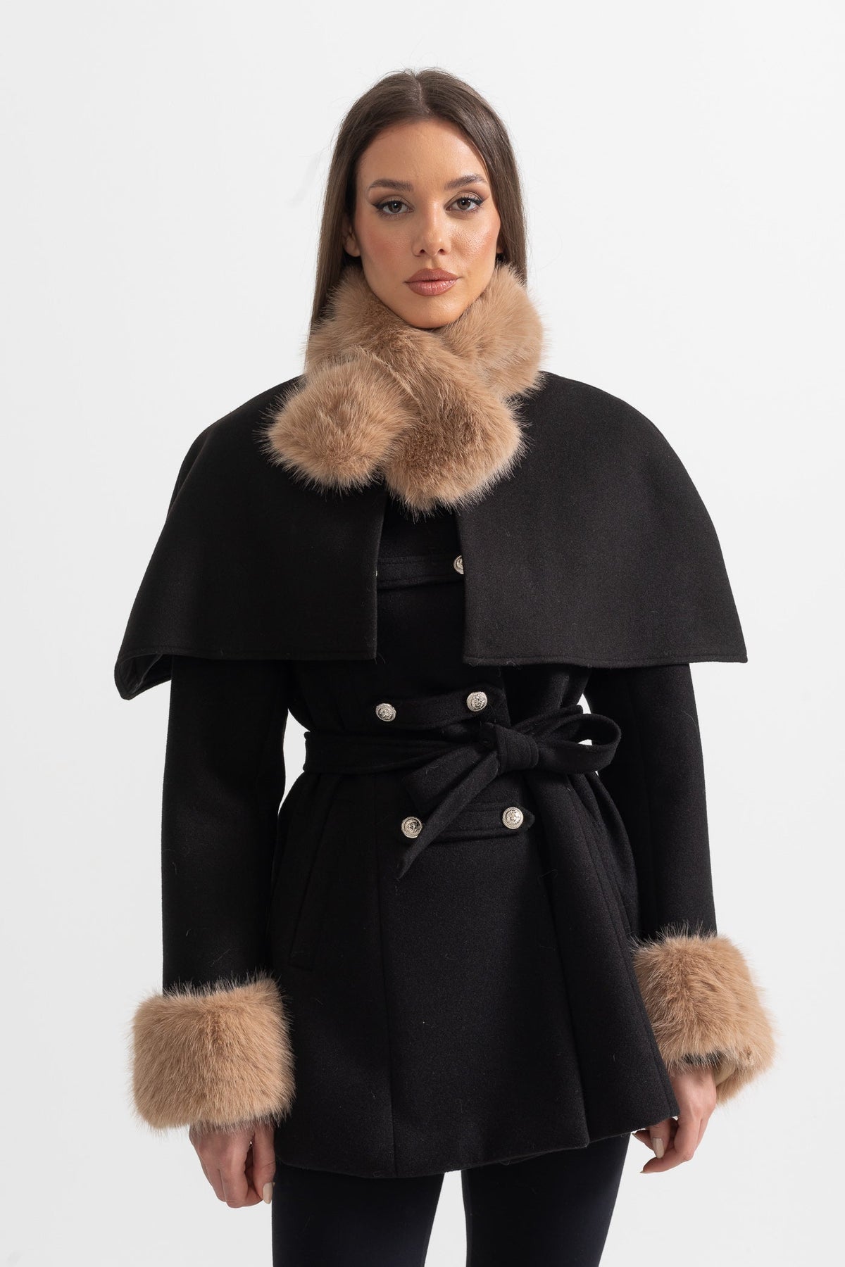 Double-Breasted Coat with Detachable Cape and Furry Trim – Black – view 3