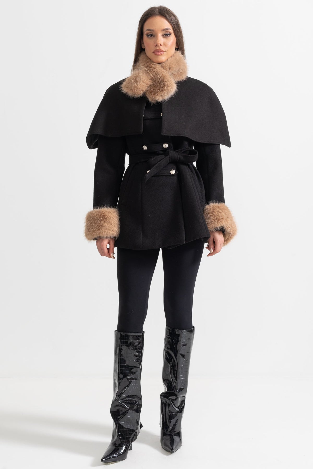 Double-Breasted Coat with Detachable Cape and Furry Trim – Black