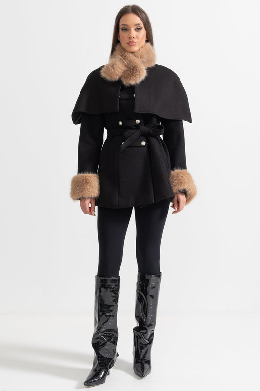 Double-Breasted Coat with Detachable Cape and Furry Trim – Black