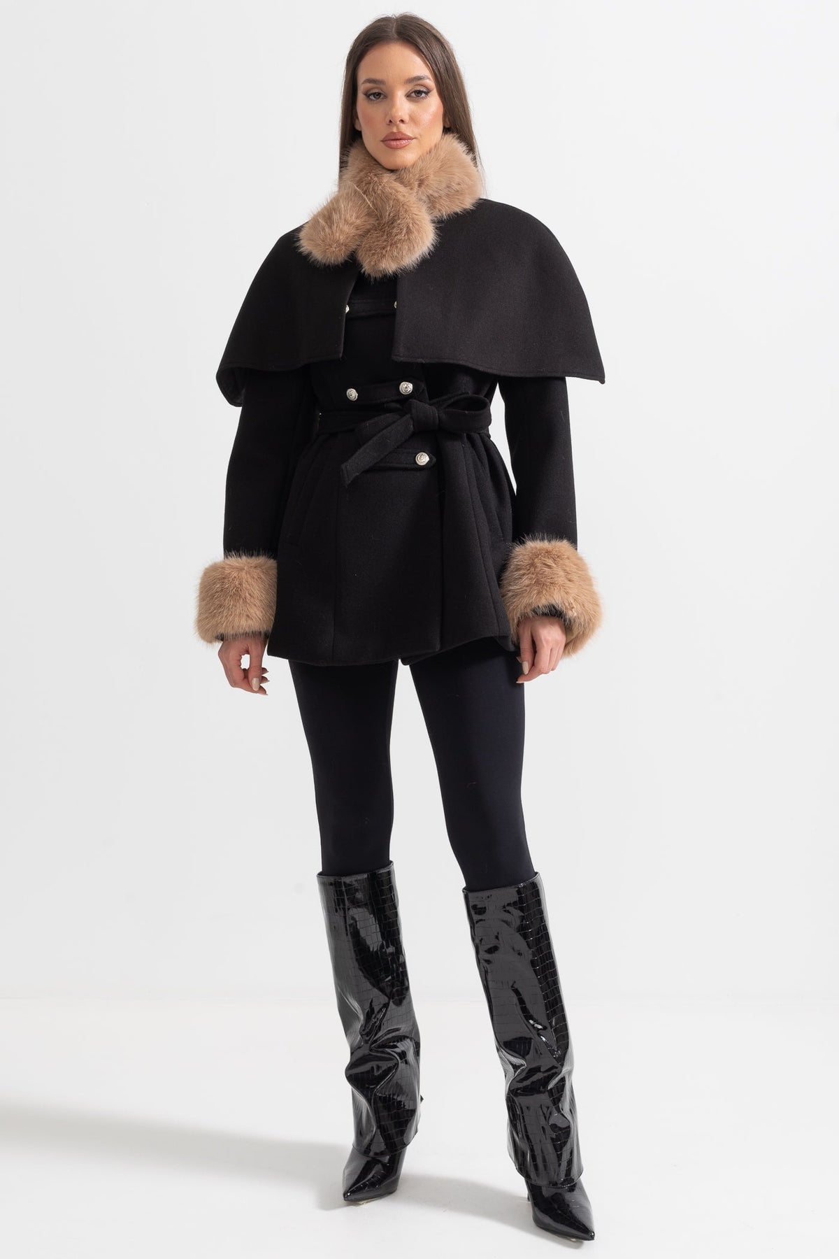Double-Breasted Coat with Detachable Cape and Furry Trim – Black – view 4
