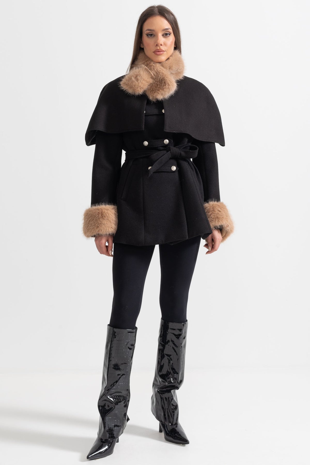 Double-Breasted Coat with Detachable Cape and Furry Trim – Black – view 5