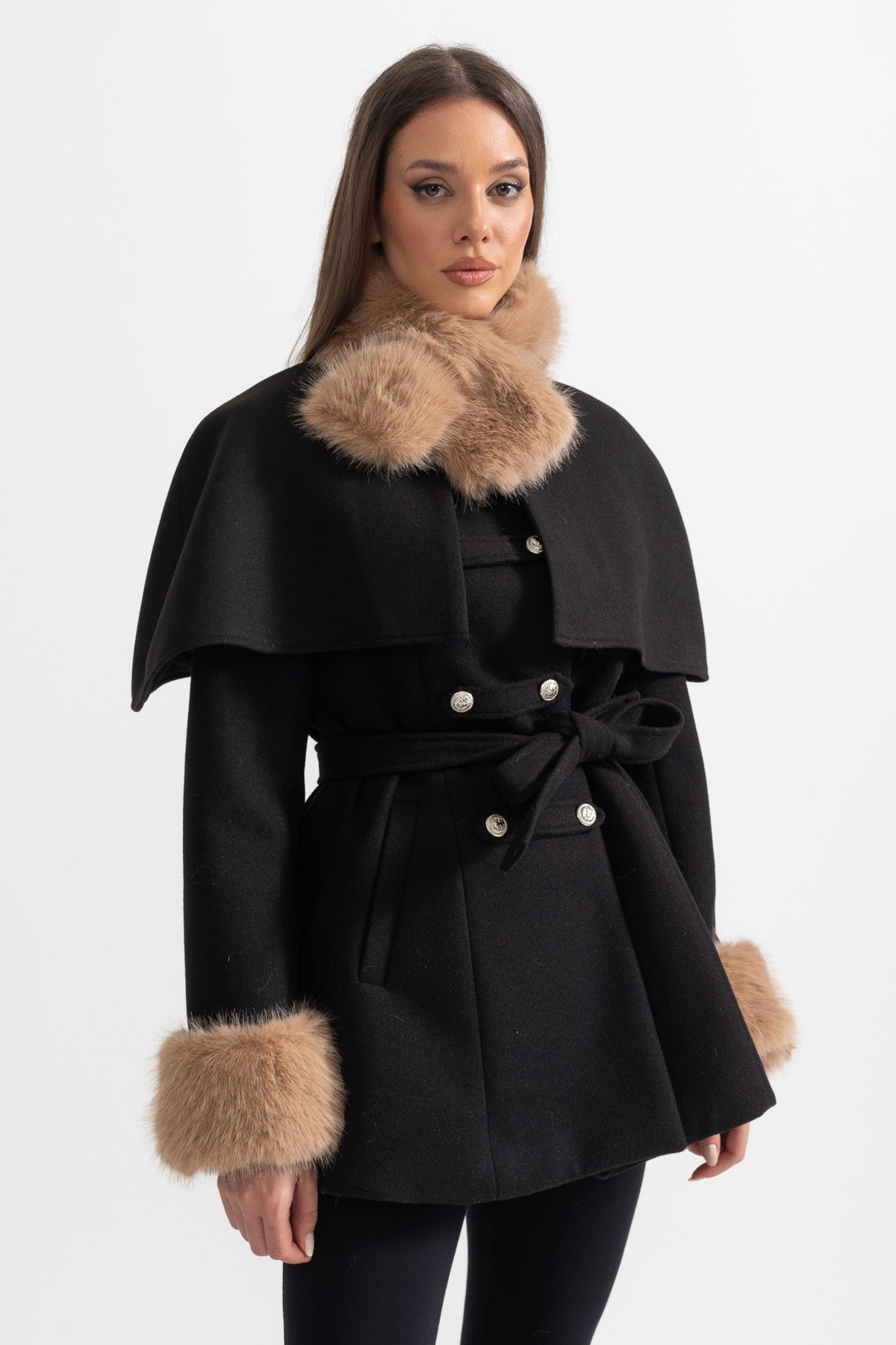 Double-Breasted Coat with Detachable Cape and Furry Trim – Black – view 8