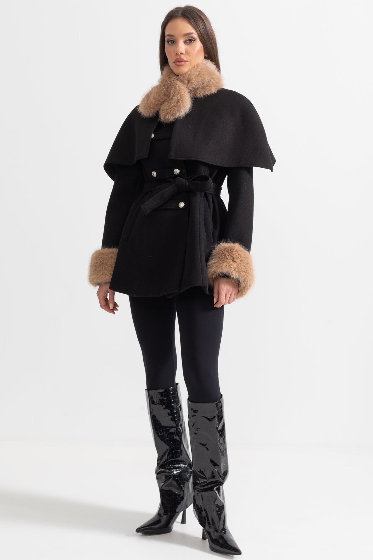Double-Breasted Coat with Detachable Cape and Furry Trim – Black – view 9