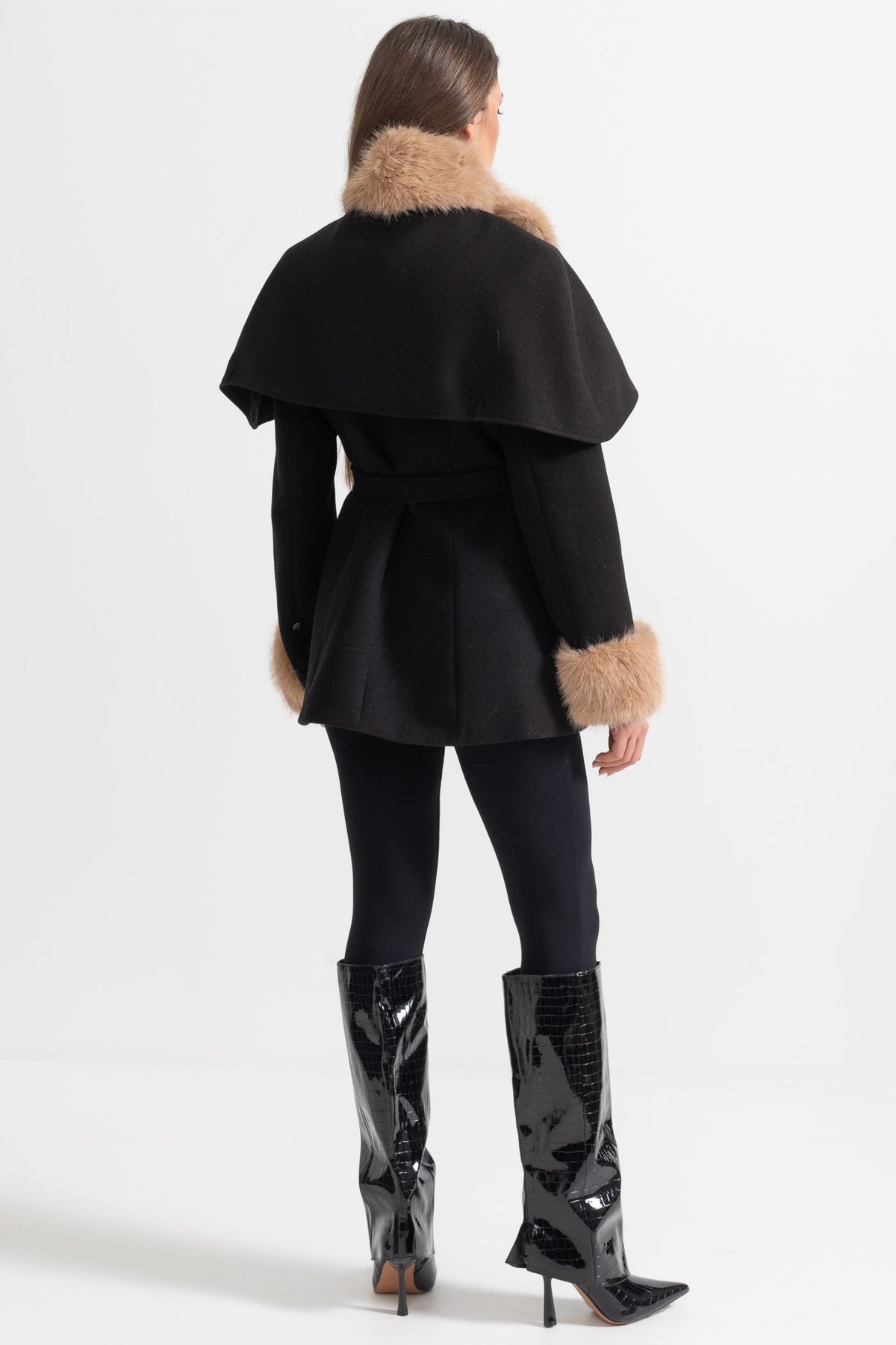 Double-Breasted Coat with Detachable Cape and Furry Trim – Black – view 10