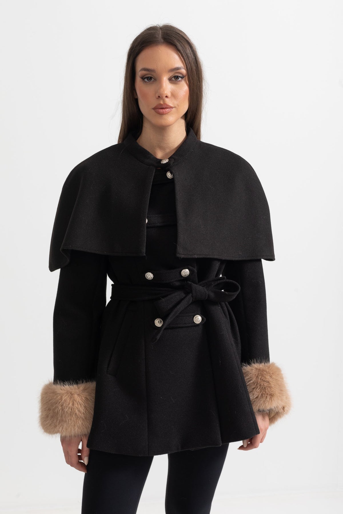 Double-Breasted Coat with Detachable Cape and Furry Trim – Black – view 11