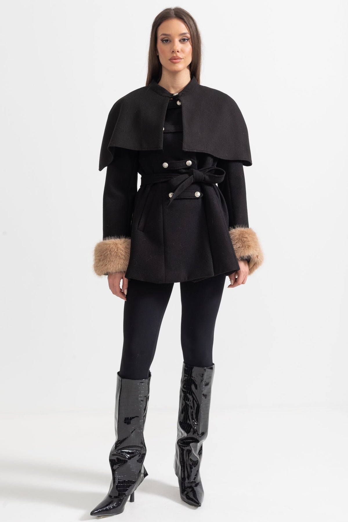 Double-Breasted Coat with Detachable Cape and Furry Trim – Black – view 12