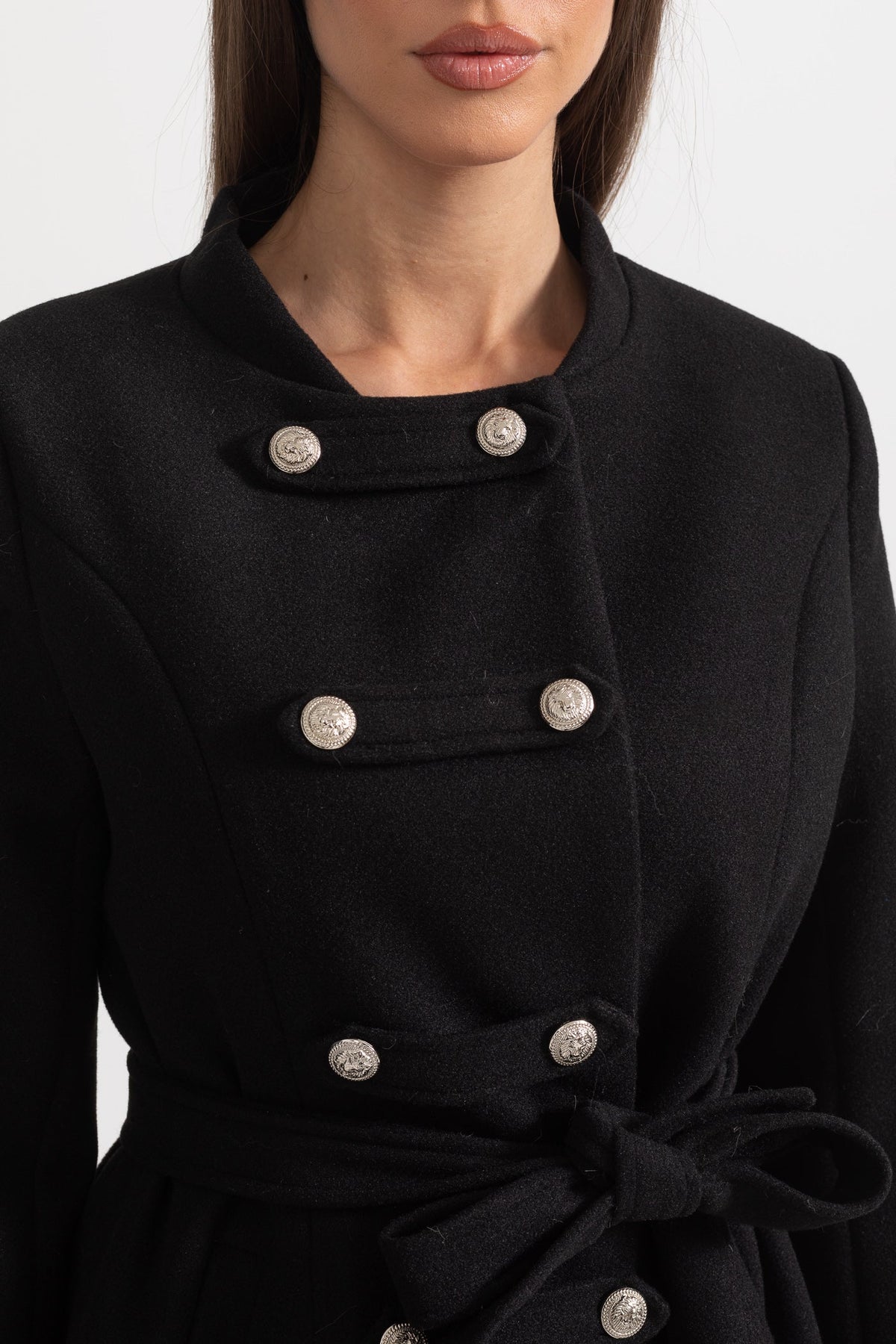 Double-Breasted Coat with Detachable Cape and Furry Trim – Black – view 15