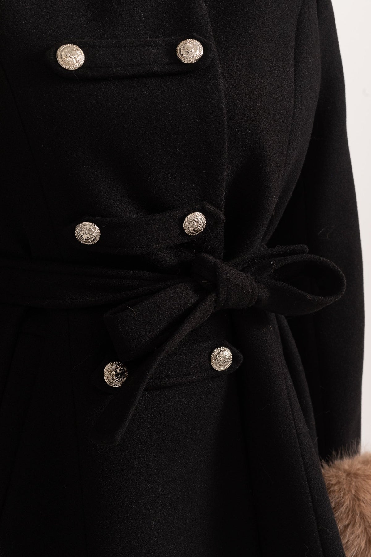 Double-Breasted Coat with Detachable Cape and Furry Trim – Black – view 16