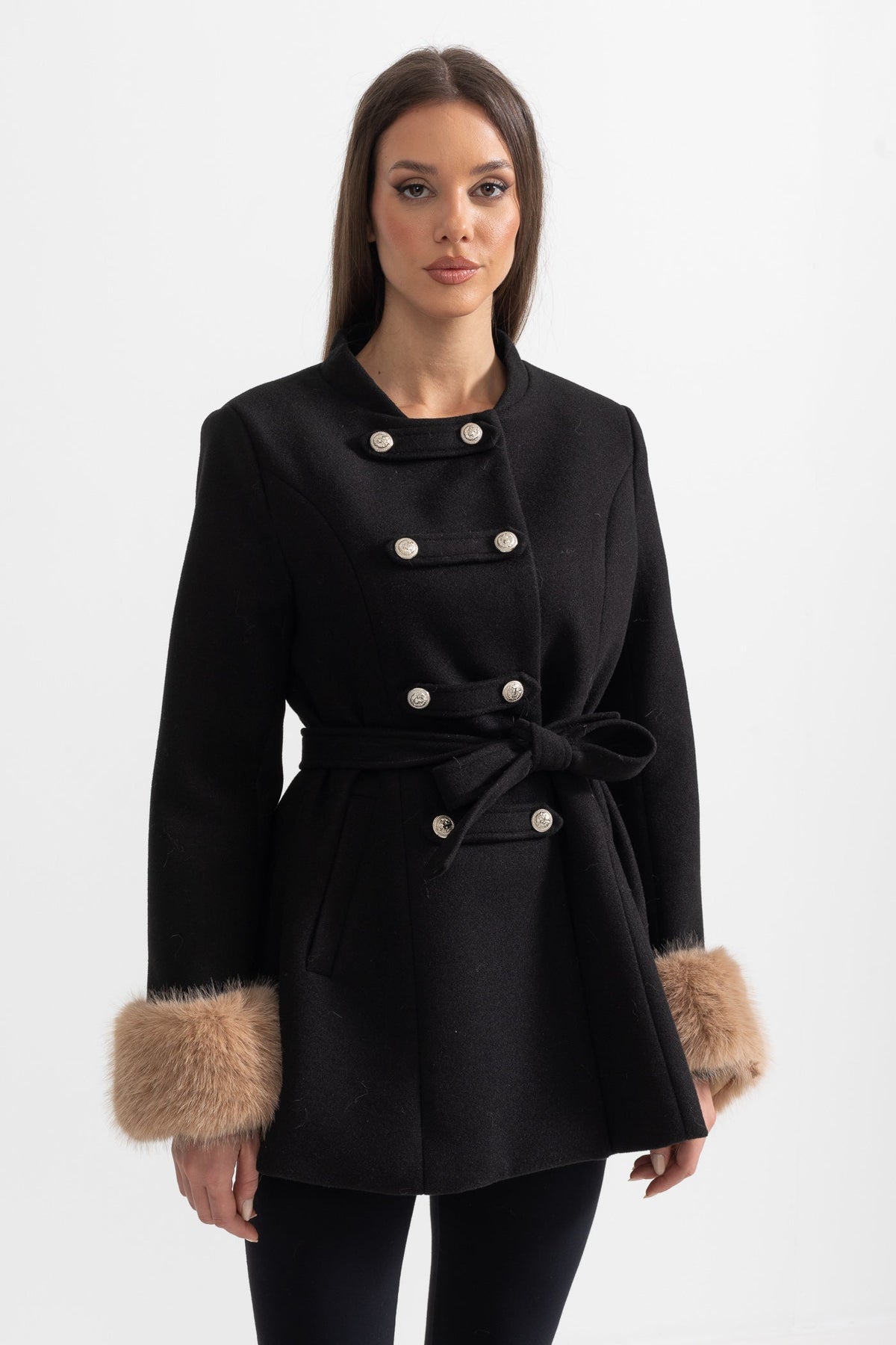 Double-Breasted Coat with Detachable Cape and Furry Trim – Black – view 13