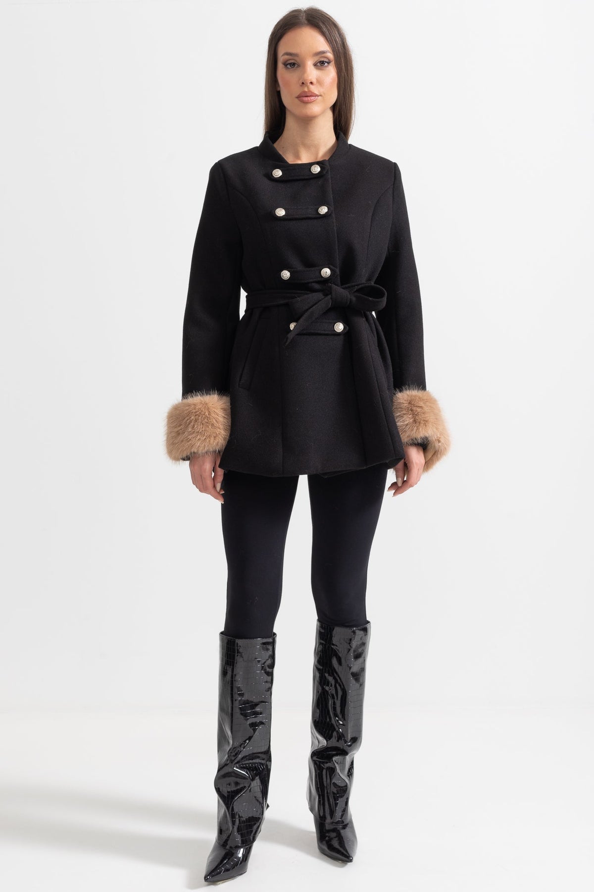 Double-Breasted Coat with Detachable Cape and Furry Trim – Black – view 14