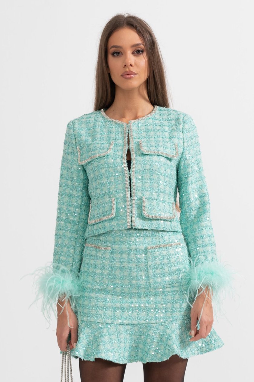 Sparkling Knit Jacket and Ruffle Hem Skirt Set – Mint Green – view 2