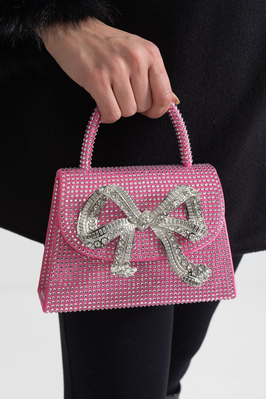Sparkling Rhinestone Clutch with Decorative Metallic Bow – Pink