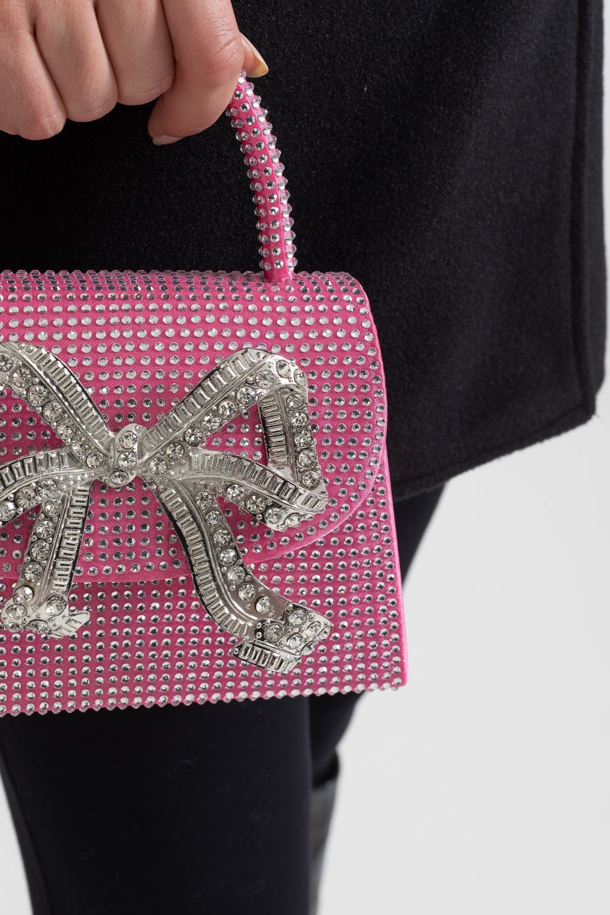 Sparkling Rhinestone Clutch with Decorative Metallic Bow – Pink – view 3