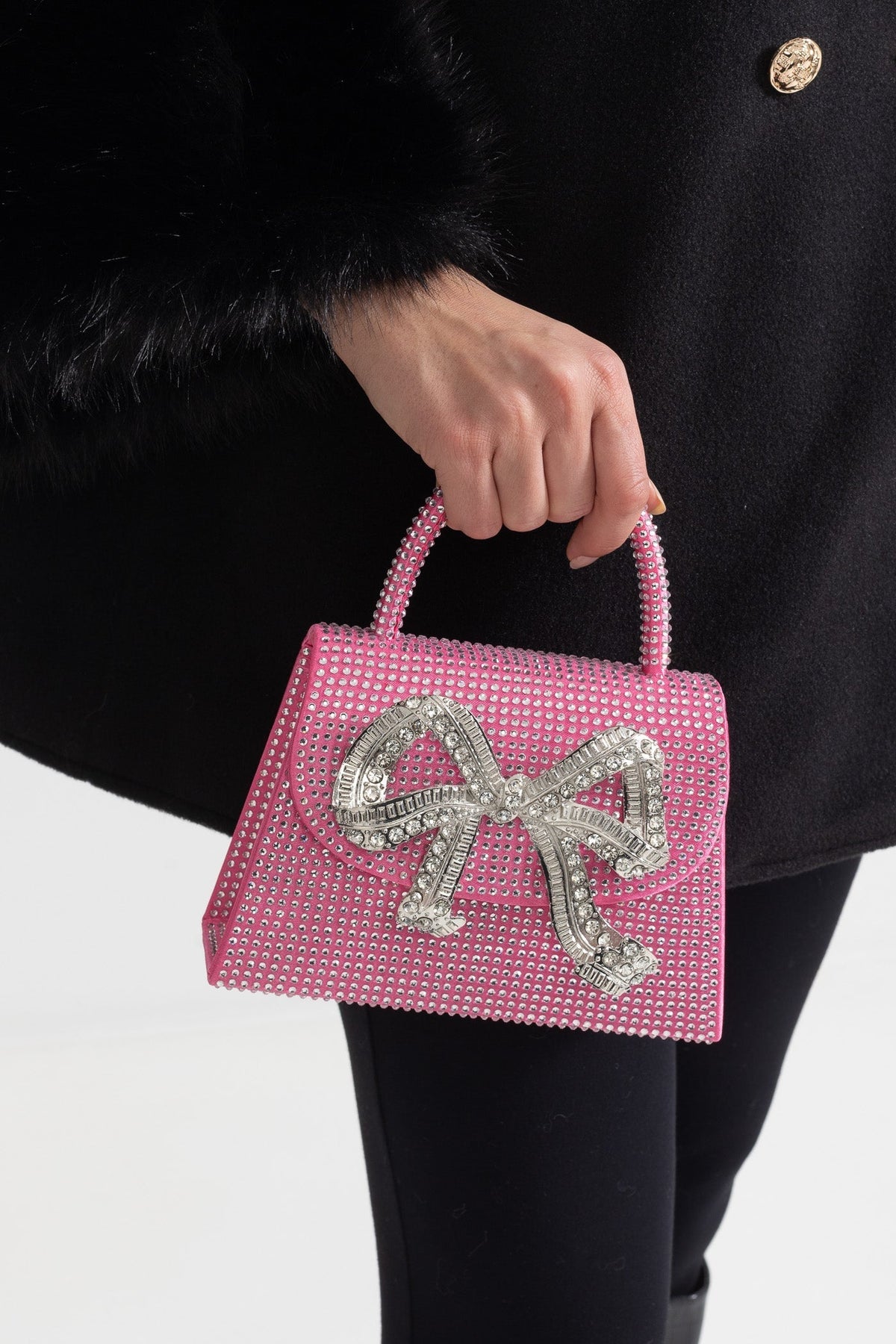 Sparkling Rhinestone Clutch with Decorative Metallic Bow – Pink
