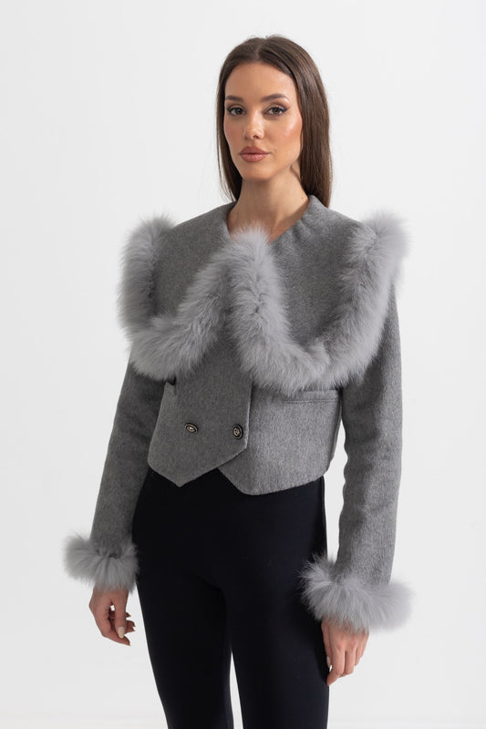 Double-Breasted Cropped Jacket with Trimmed Collar and Cuffs – Grey