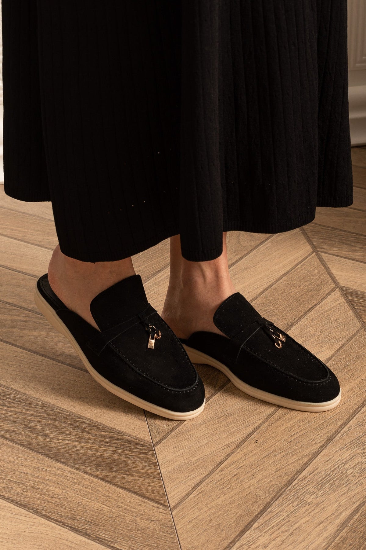 Suede Loafers with Metal Charms and Contrasting Beige Sole – Black – view 2