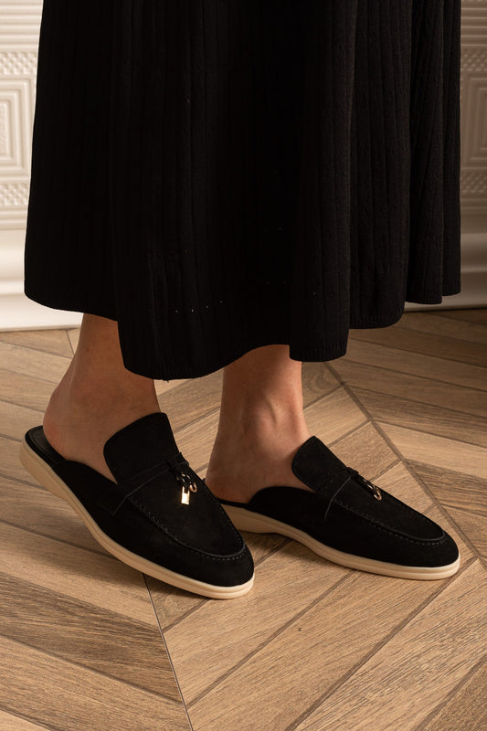 Suede Loafers with Metal Charms and Contrasting Beige Sole – Black – view 2