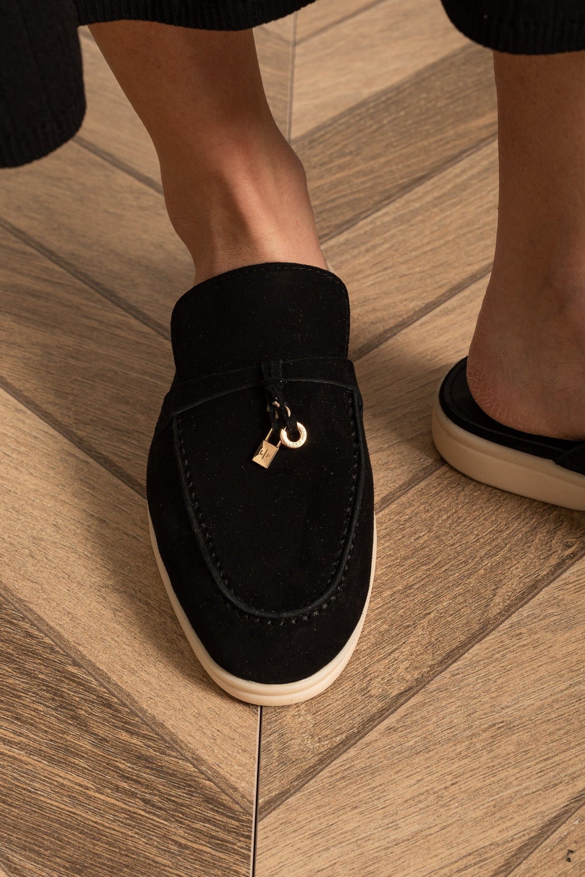 Suede Loafers with Metal Charms and Contrasting Beige Sole – Black – view 3