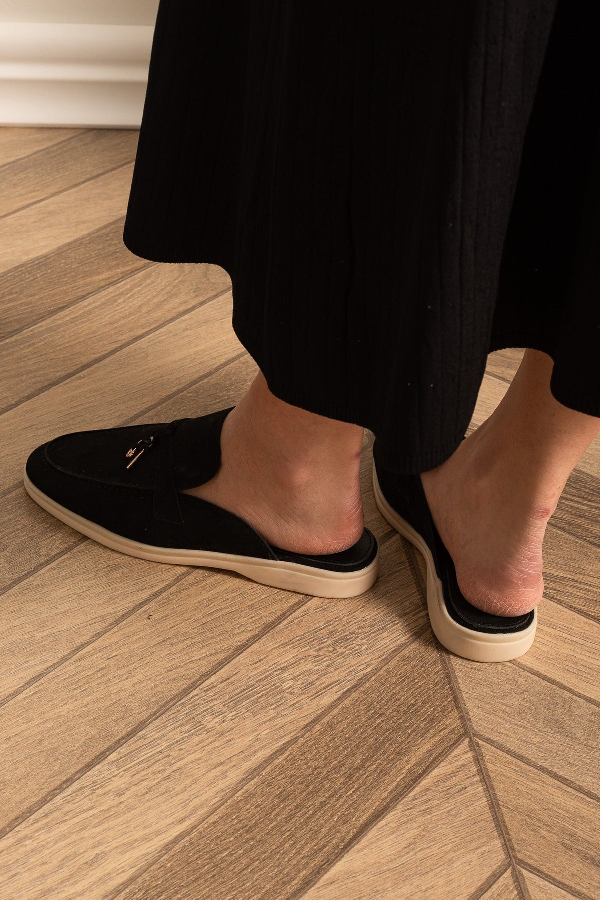 Suede Loafers with Metal Charms and Contrasting Beige Sole – Black – view 4