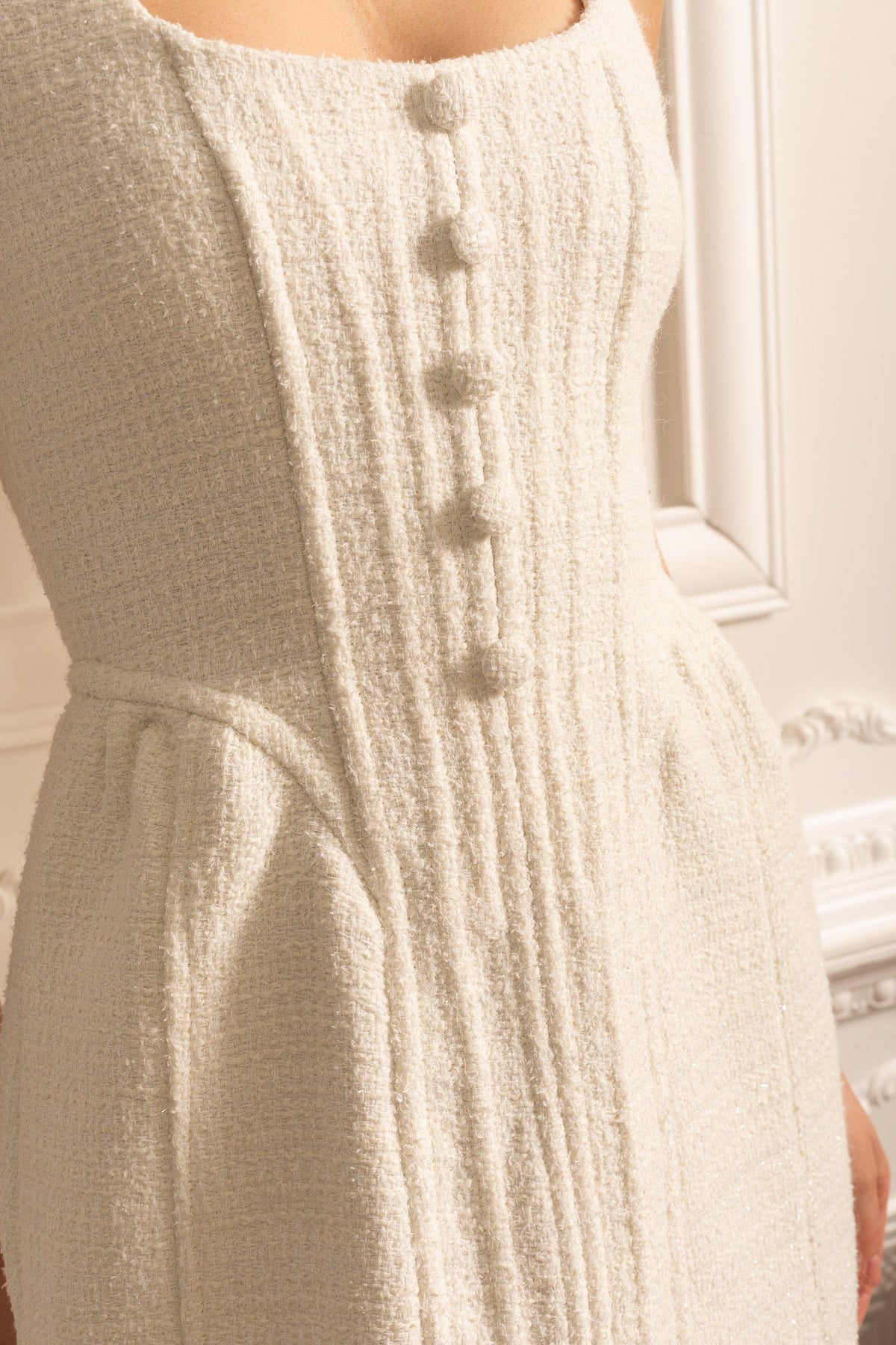 Sleeveless Textured Corset Fit A-Line Mini Dress – Ivoire – view 6