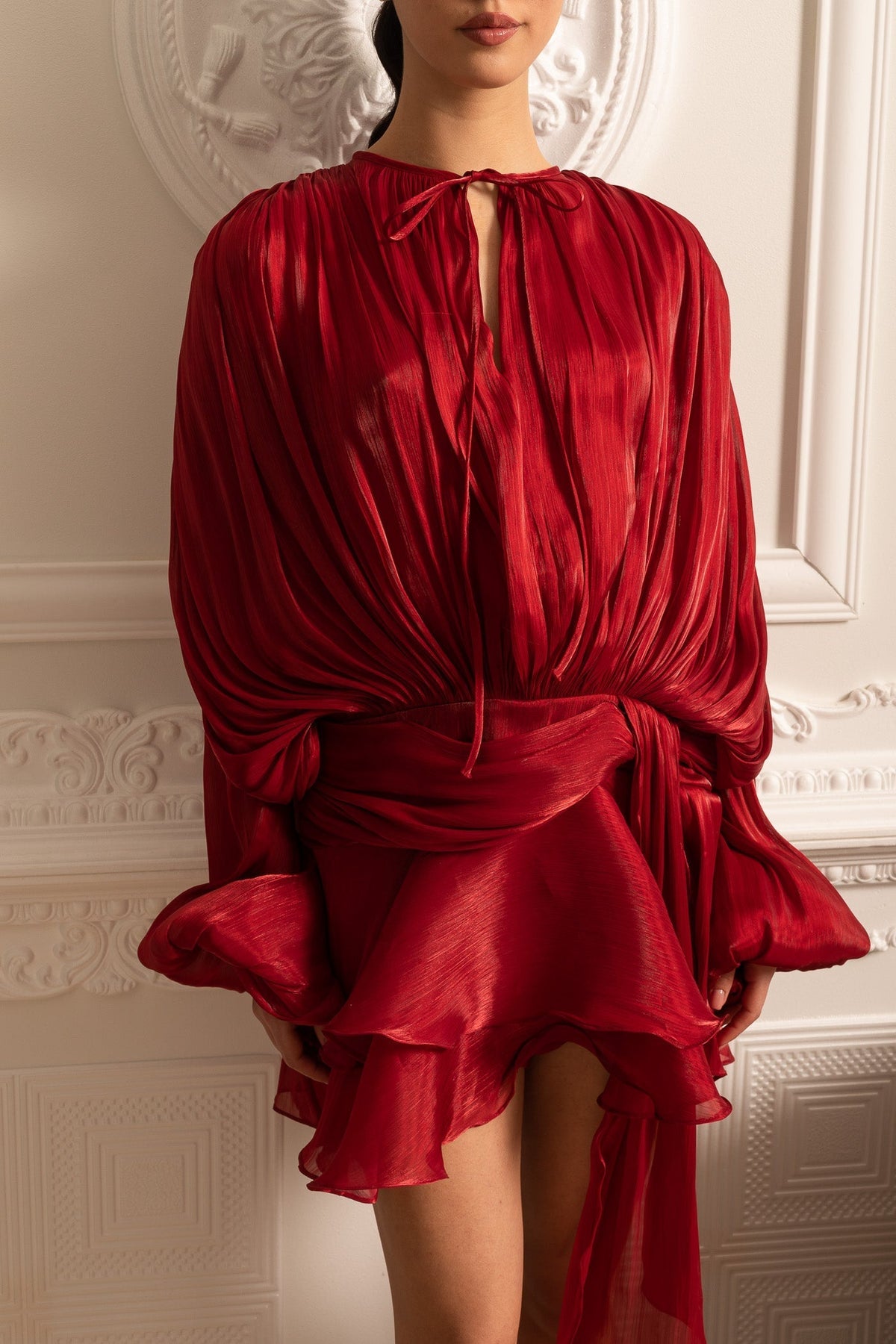 Draped Long Sleeve Mini Dress with Ruched Waistband – Red – view 5