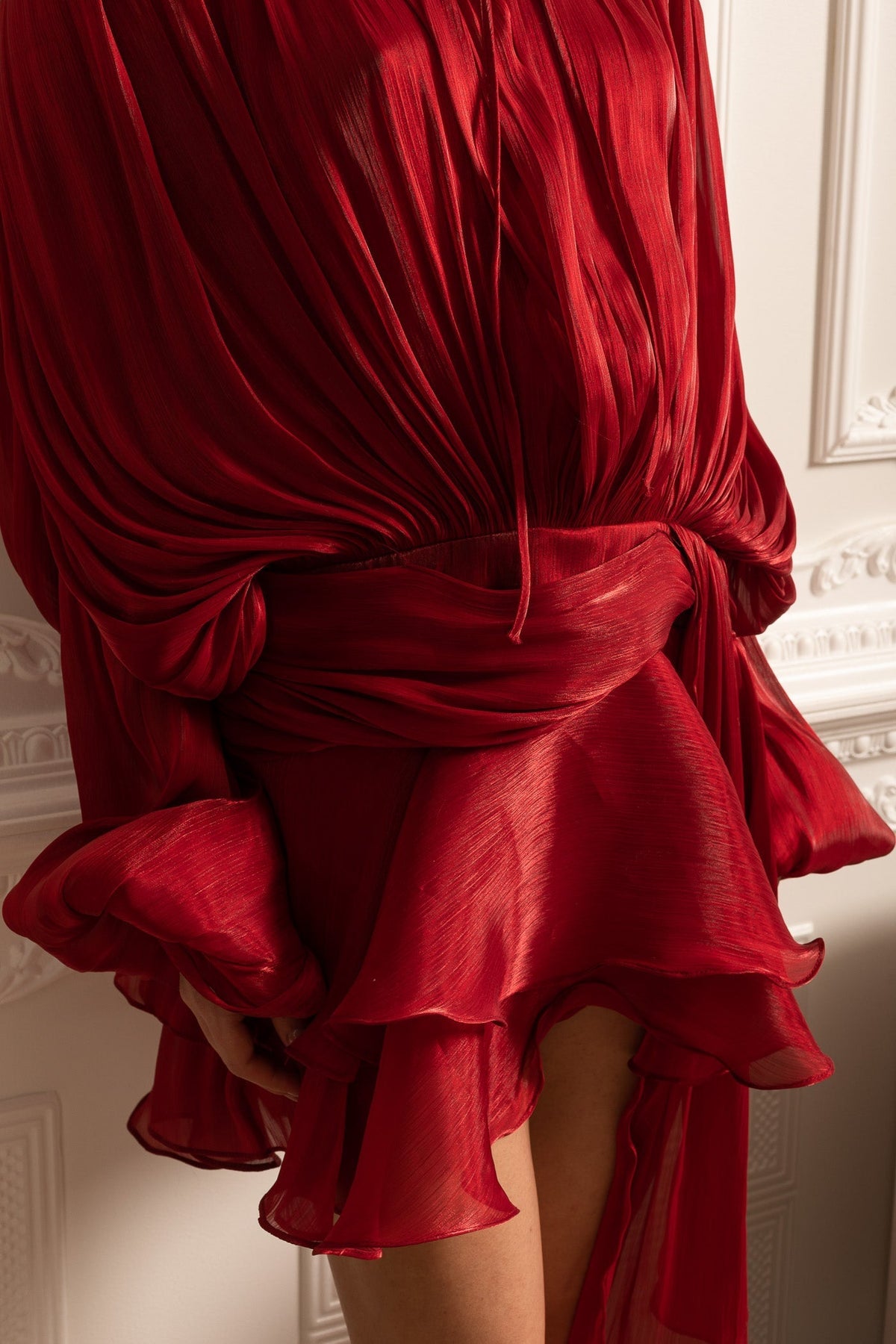 Draped Long Sleeve Mini Dress with Ruched Waistband – Red – view 6