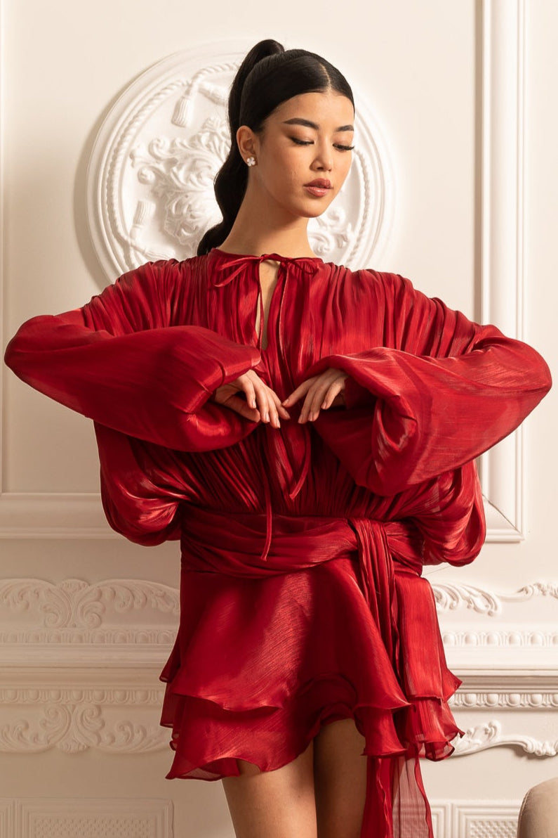Draped Long Sleeve Mini Dress with Ruched Waistband – Red – view 3