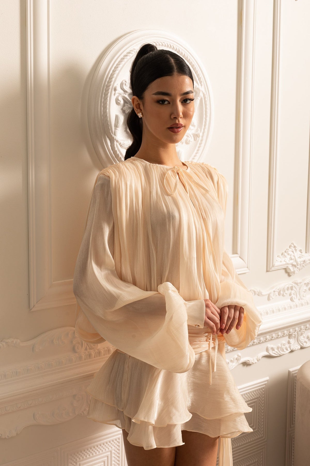 Draped Long Sleeve Layered Mini Dress with Matching Shorts – Ivory – view 4