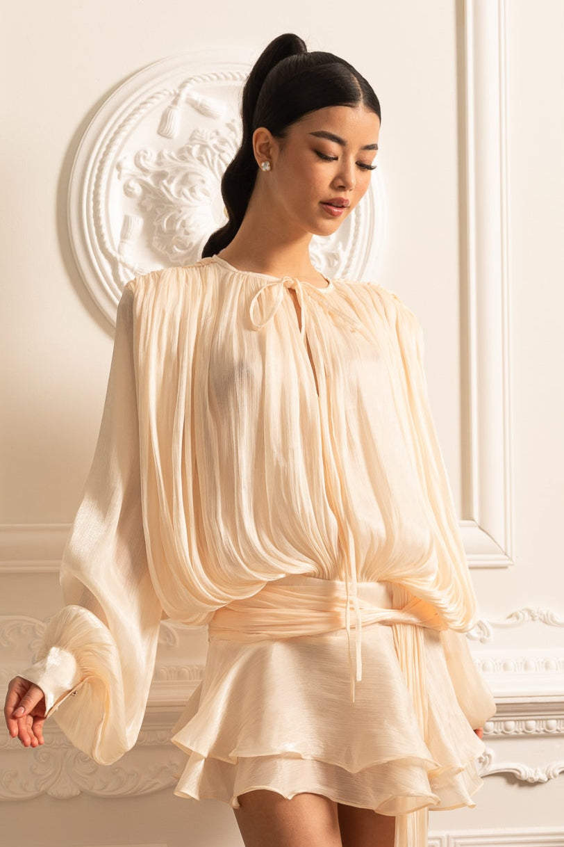 Draped Long Sleeve Layered Mini Dress with Matching Shorts – Ivory – view 2