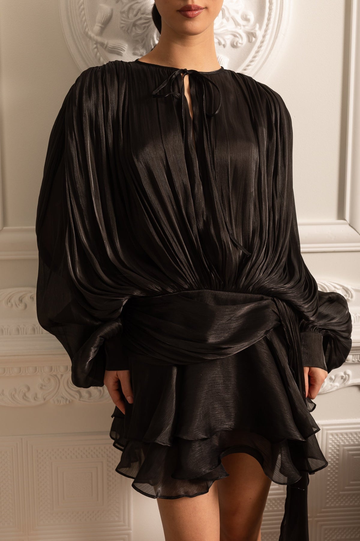 Long Draping Sleeve Mini Dress with Lace Neckline and Ruched Waist – Black – view 4