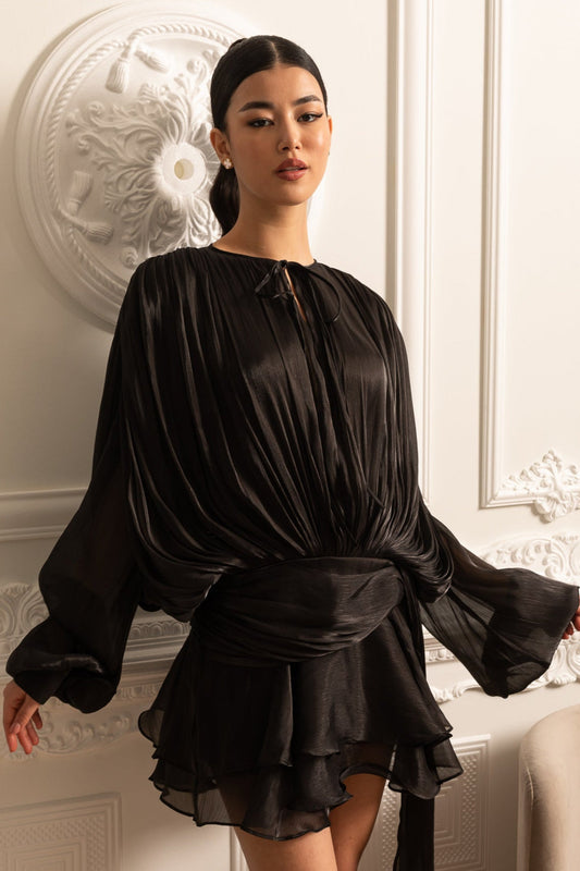 Long Draping Sleeve Mini Dress with Lace Neckline and Ruched Waist – Black – view 2