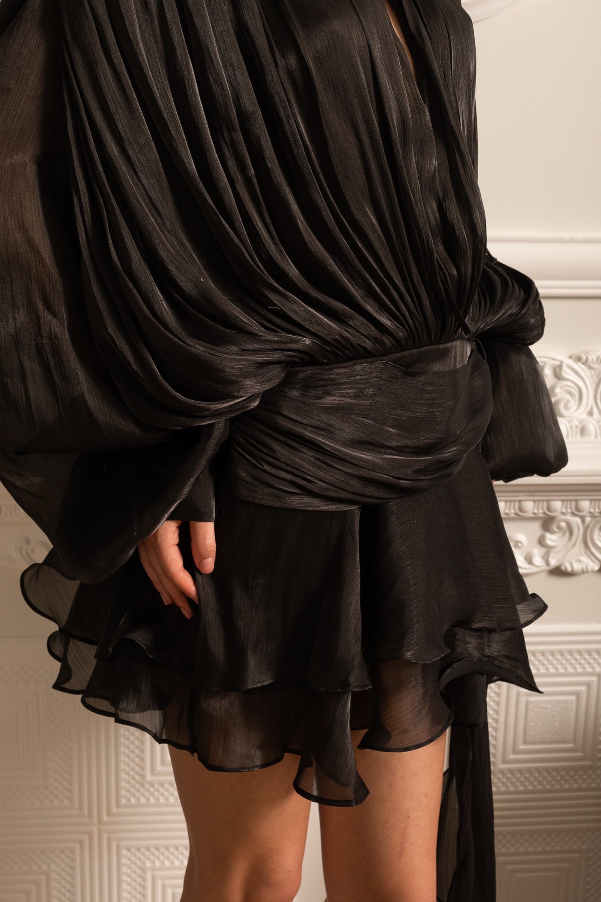 Long Draping Sleeve Mini Dress with Lace Neckline and Ruched Waist – Black – view 5
