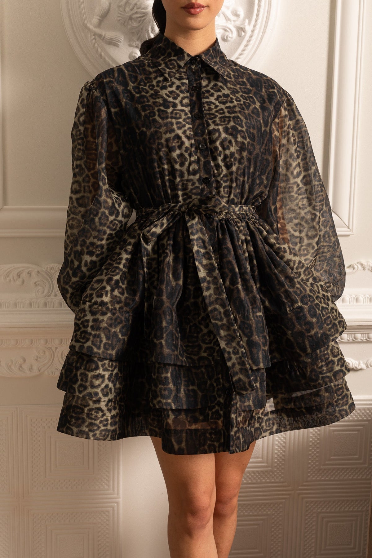 Leopard Print Long Sleeve Mini Dress with Layered Full Skirt – Black – view 6