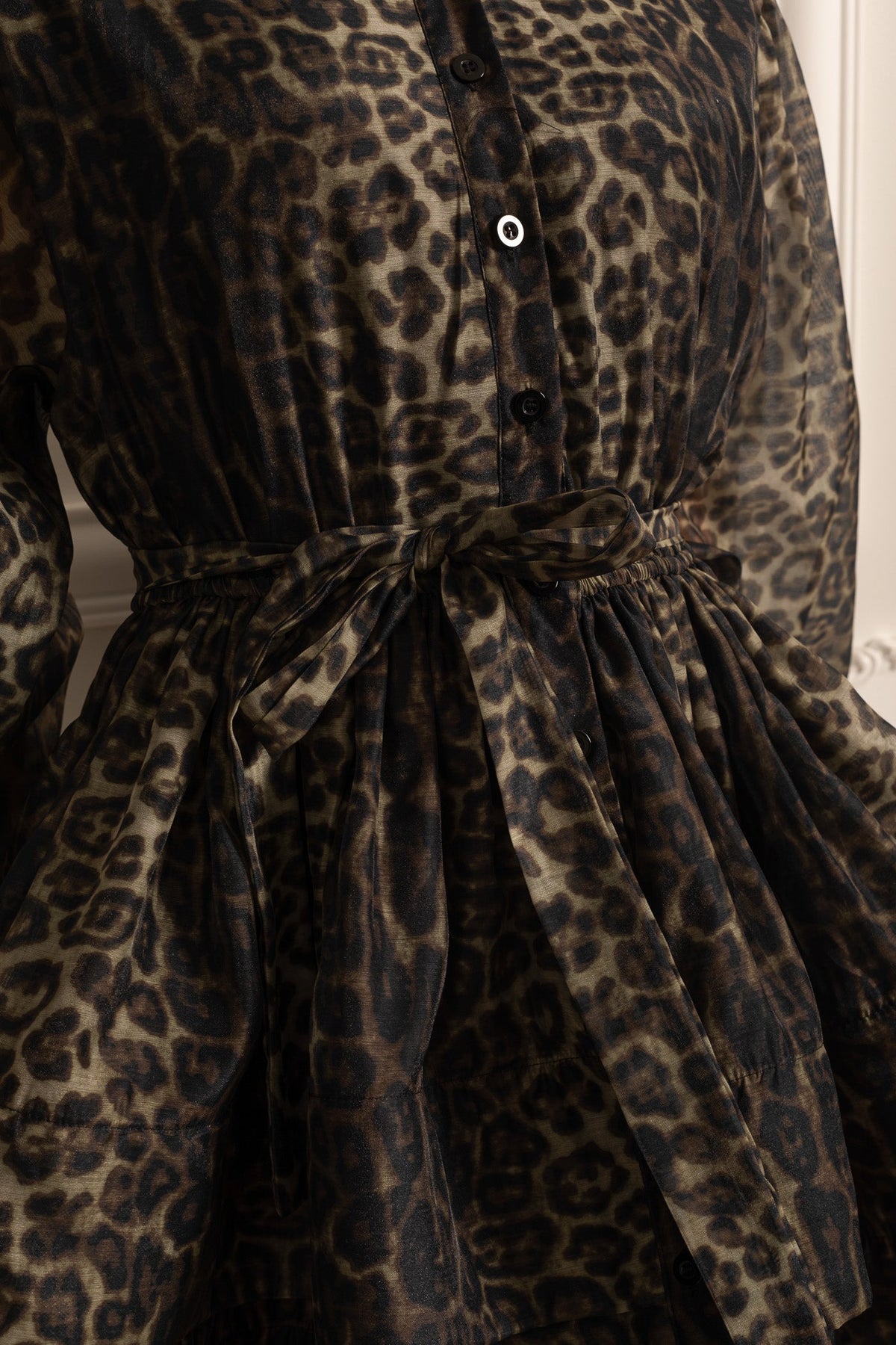 Leopard Print Long Sleeve Mini Dress with Layered Full Skirt – Black