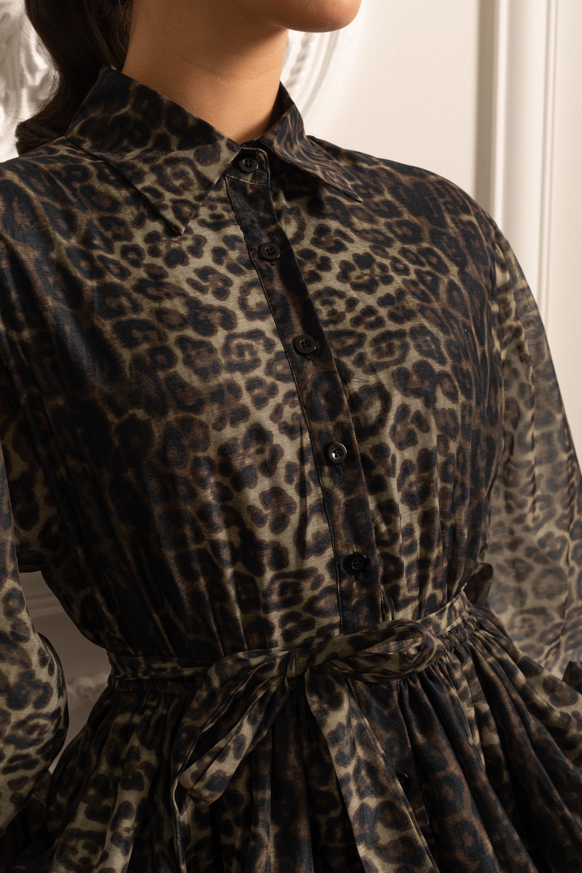 Leopard Print Long Sleeve Mini Dress with Layered Full Skirt – Black