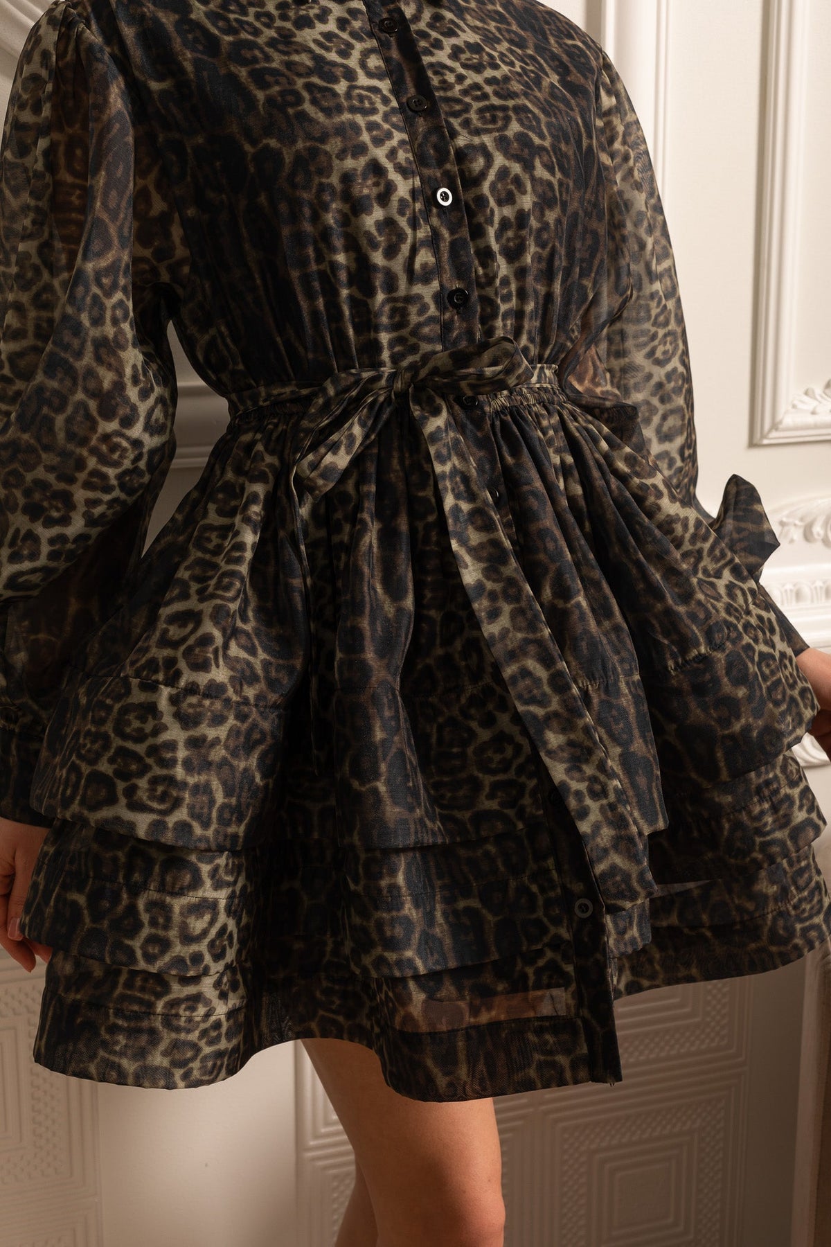 Leopard Print Long Sleeve Mini Dress with Layered Full Skirt – Black