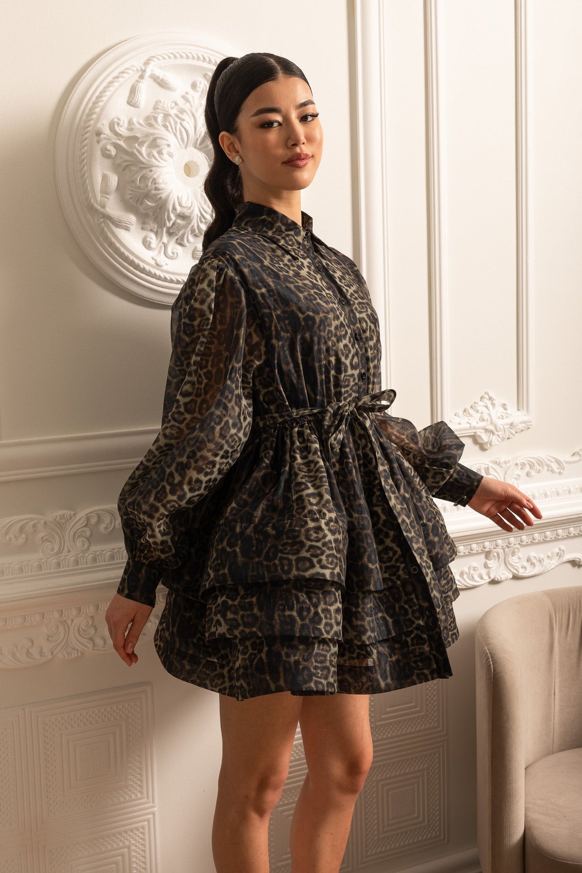 Leopard Print Long Sleeve Mini Dress with Layered Full Skirt – Black – view 4