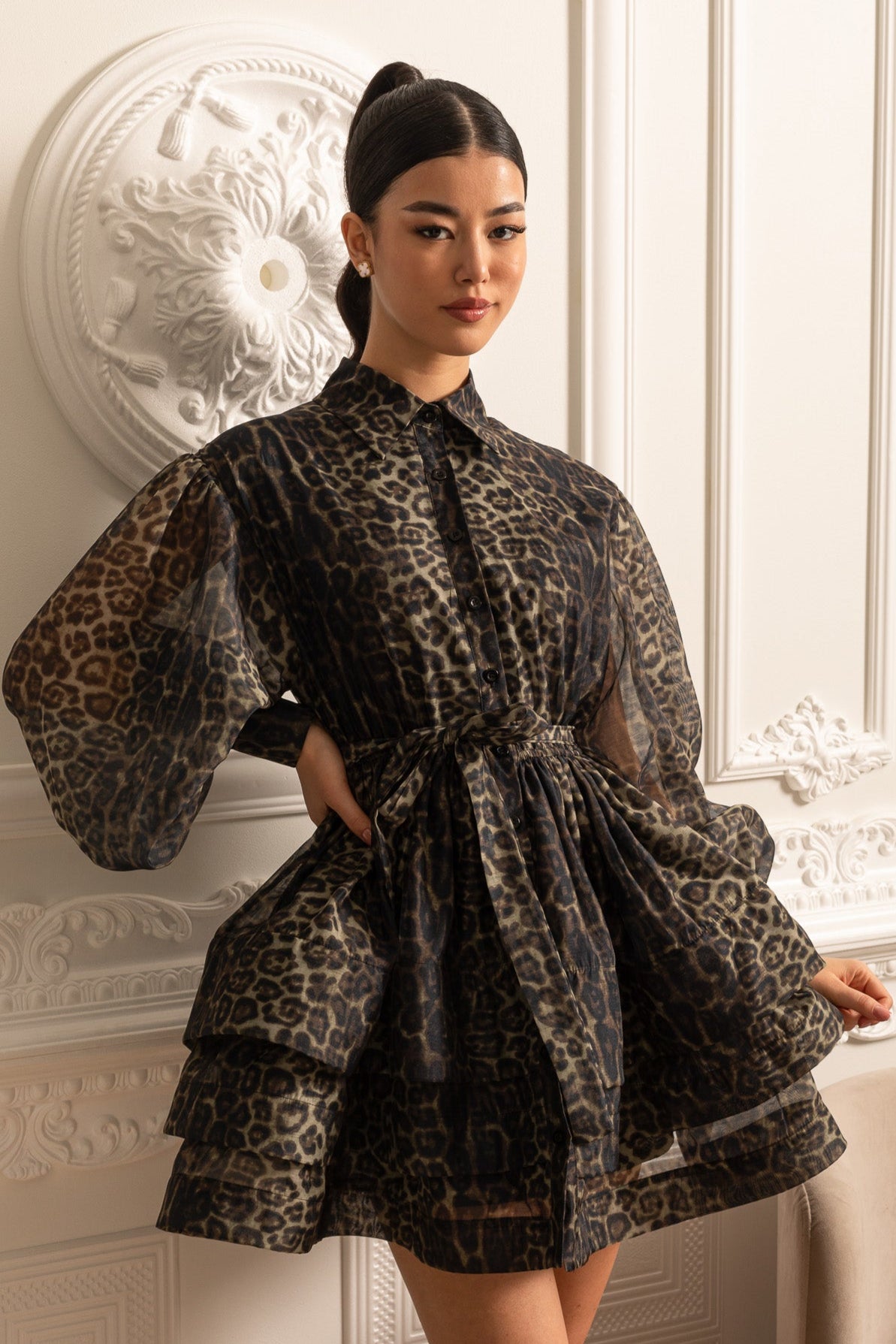 Leopard Print Long Sleeve Mini Dress with Layered Full Skirt – Black