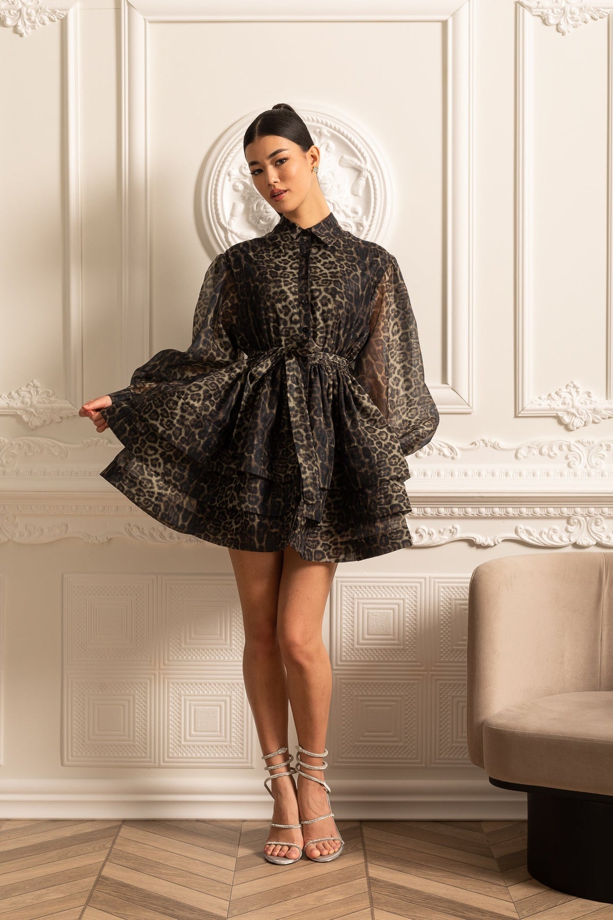 Leopard Print Long Sleeve Mini Dress with Layered Full Skirt – Black