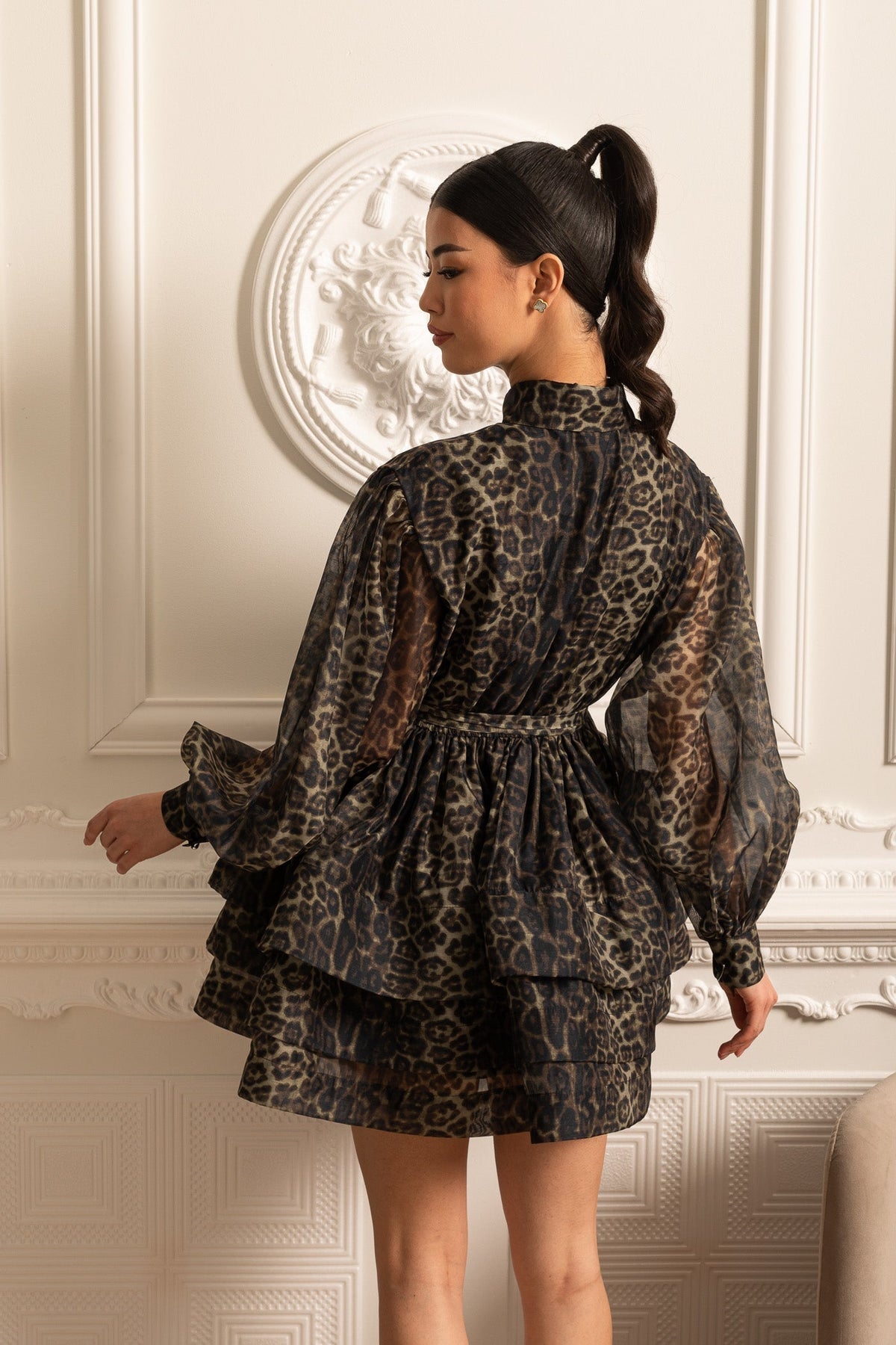 Leopard Print Long Sleeve Mini Dress with Layered Full Skirt – Black – view 15