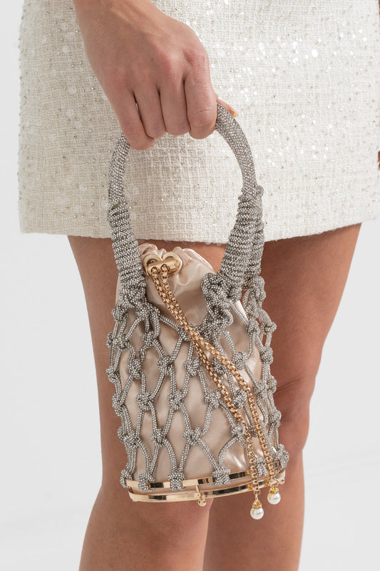 Round Netted Handbag with Beaded Chain and Satin Drawstring Pouch – Silver