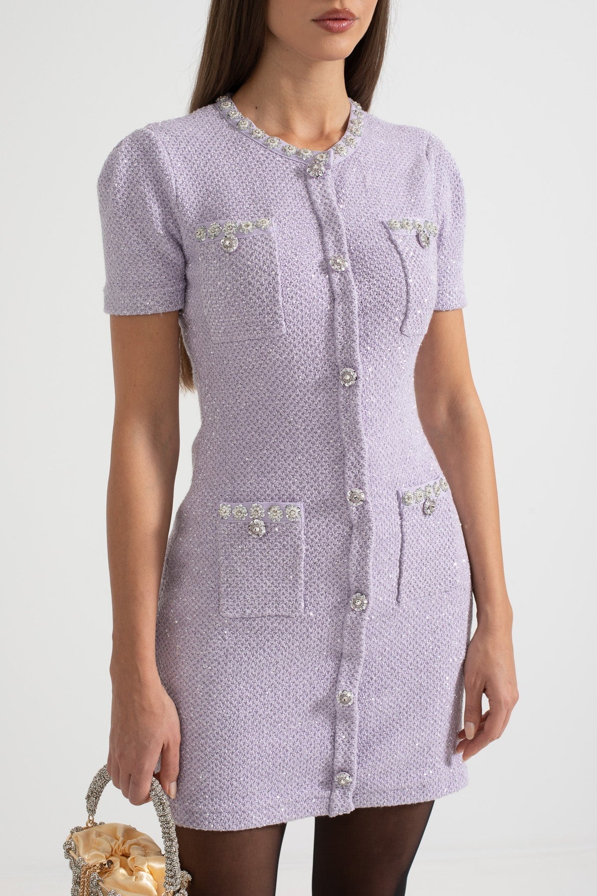 Short Sleeve Textured Mini Dress with Silver Buttons and Four Pockets – Purple – view 2