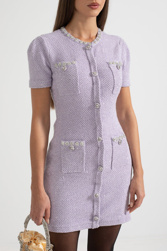 Short Sleeve Textured Mini Dress with Silver Buttons and Four Pockets – Purple – view 2