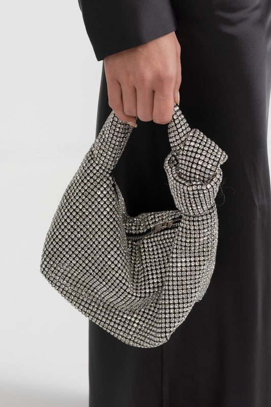 Metallic Jewel-Effect Tote Bag with Bow Detail – Silver