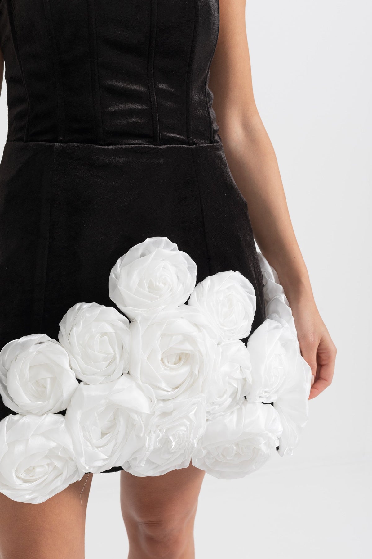 Strapless Mini Dress with White Rose Embellished Hem – Black – view 3