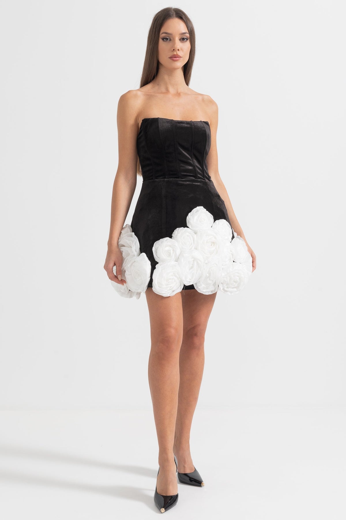 Strapless Mini Dress with White Rose Embellished Hem – Black – view 4