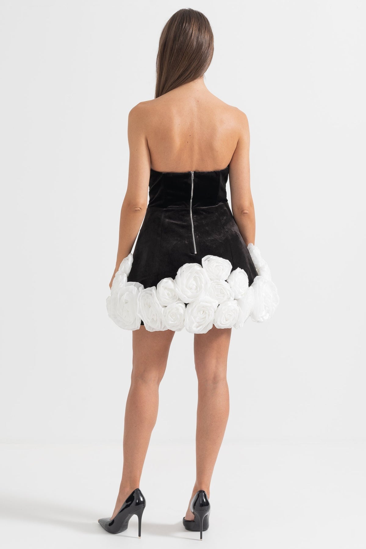 Strapless Mini Dress with White Rose Embellished Hem – Black – view 5