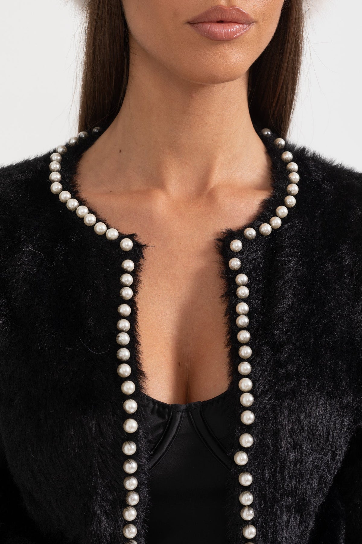 Soft Fluffy Long Sleeve Cardigan with Pearl Buttons – Black – view 5