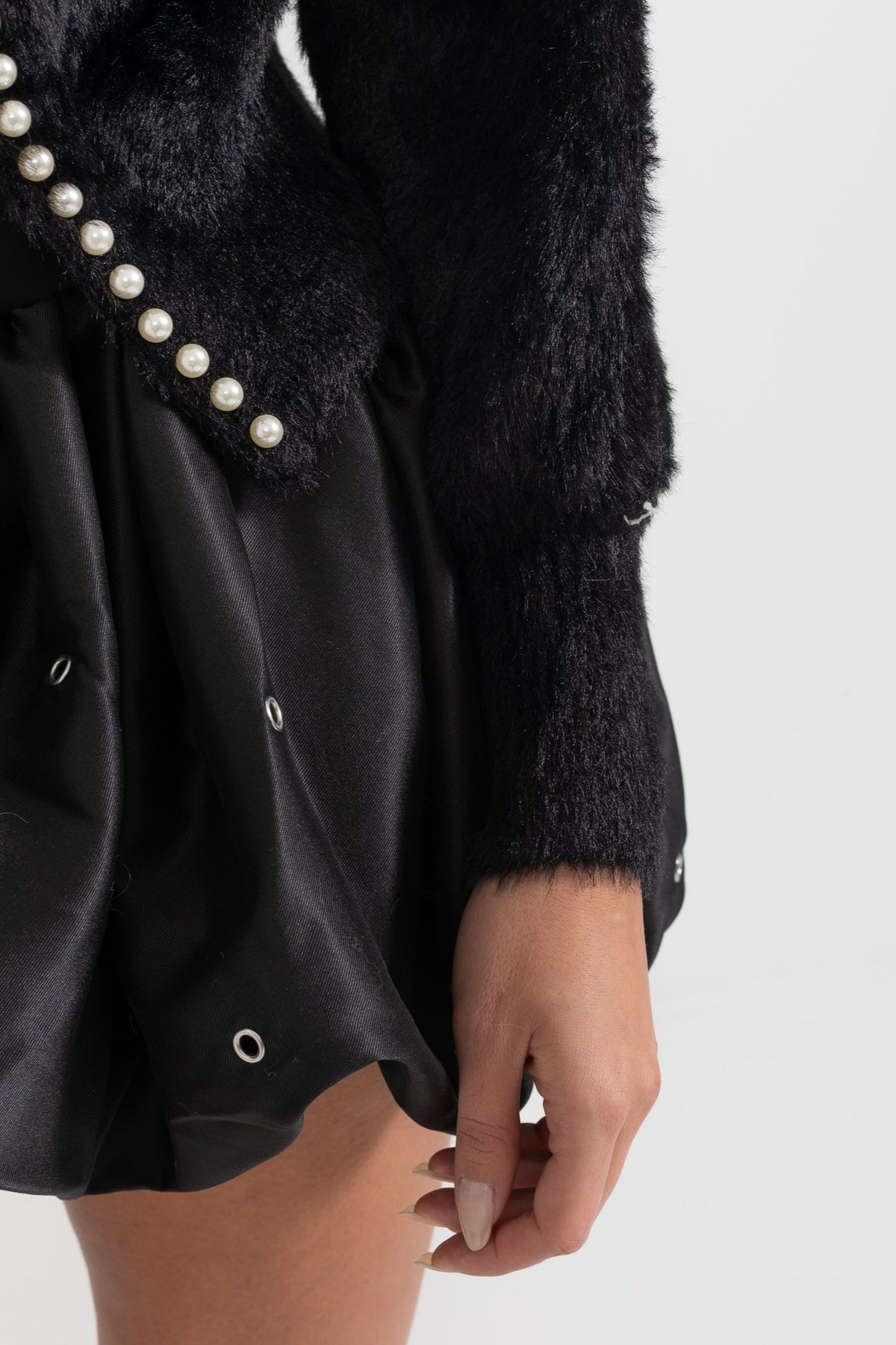 Soft Fluffy Long Sleeve Cardigan with Pearl Buttons – Black – view 4